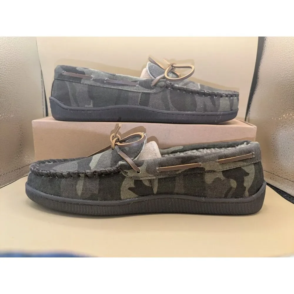 MINNETONKA Men's Moccasin Slippers US Size 9 CAMO Print Fabric Cozy Lined NEW